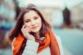 Phone talk  Young businesswoman talking on cellphone while walking outdoor. City business concept. Image toned instagram effect Royalty Free Stock Photo