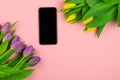 Phone and tulips on pink background Royalty Free Stock Photo