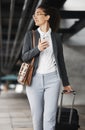 Phone, vision and suitcase with a business woman walking in an airport parking lot outdoor in the city. Mobile, luggage Royalty Free Stock Photo