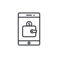 Phone with wallet line icon. Outline flat illustration on white background. Vector internet baking concept