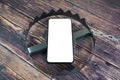 Phone with white screen, mock up. in a bear trap. The concept of dependence on mobile devices, the Internet Royalty Free Stock Photo