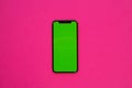 Phone XS, Phone smartphone, green screen on Pink background