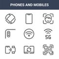 9 phones and mobiles icons pack. trendy phones and mobiles icons on white background. thin outline line icons such as qr code, g,