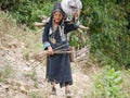 Phongsaly, Laos - november 2, 2019: portrait old woman wearing traditional turban belonging to minority ethnic group living in