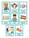 Phonics flashcards with -ch- spelling rule. Flash cards with phonics sound words