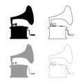 Phonograph Gramophone vintage Turntable for vinyl records icon outline set black grey color vector illustration flat style image