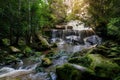 Beautiful waterfall in a forest filled with green trees at Phu Kradung National Park in the rainy season,