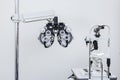 Phoropter close up view of ophthalmology, optometry, and optician clinical testing machine equipment Royalty Free Stock Photo