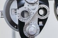 Phoropter close up view of ophthalmology, optometry, and optician clinical testing machine equipment Royalty Free Stock Photo