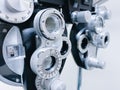 Phoropter close up view of ophthalmology, optometry, and optician clinical testing machine equipment Royalty Free Stock Photo