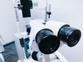 Phoropter close up view of ophthalmology, optometry, and optician clinical testing machine equipment Royalty Free Stock Photo