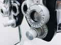 Phoropter close up view of ophthalmology, optometry, and optician clinical testing machine equipment Royalty Free Stock Photo