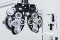 Phoropter close up view of ophthalmology, optometry, and optician clinical testing machine equipment Royalty Free Stock Photo