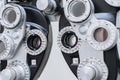 Phoropter close up view of ophthalmology, optometry, and optician clinical testing machine equipment Royalty Free Stock Photo