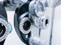 Phoropter close up view of ophthalmology, optometry, and optician clinical testing machine equipment Royalty Free Stock Photo