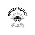 Phoropter, ophthalmic testing device machine icon. Test your eyes text. Ophthalmology label logo. Vector.