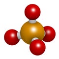 Phosphate anion, chemical structure. 3D rendering. Atoms are represented as spheres with conventional color coding: phosphorus (