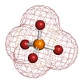 Phosphate anion, chemical structure. 3D rendering. Atoms are represented as spheres with conventional color coding: phosphorus .