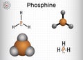 Phosphine, phosphane, PH3 molecule. It is pnictogen hydride, insecticide, used in manufacture of flame retardants and