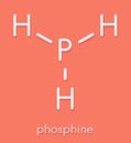 Phosphine phosphane, PH3 molecule. Used as reagent in chemistry and as fumigant in agriculture. Skeletal formula.