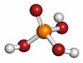 Phosphoric acid mineral acid molecule, 3D rendering. Used in fertilizer production, biological buffers, as food additive, etc.