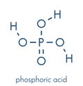 Phosphoric acid mineral acid molecule. Used in fertilizer production, biological buffers, as food additive, etc. Skeletal formula.