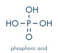 Phosphoric acid mineral acid molecule. Used in fertilizer production, biological buffers, as food additive, etc. Skeletal formula.