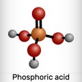 Phosphoric acid, orthophosphoric acid, H2PO4 molecule. It is a mineral weak acid, E338. Molecule model
