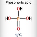 Phosphoric acid, orthophosphoric acid, H2PO4 molecule. It is a mineral weak acid, E338. Structural chemical formula