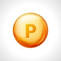 Phosphorus P 3d minerals vital vector vitamin gold icon. Vitamin P symbol nutrition design element