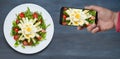 Photgraphing Fresh asparagus salat for posting on social media, free copy space, flat lay