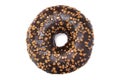 A photo from above of the single chocolate glazed donut with sprinkles isolated white background. Overhead donut photo from above