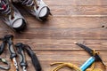 Photo from above of ski poles, boots, pickaxe