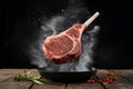 Photo An action packed shot capturing a flying Wagyu beef steak roast Royalty Free Stock Photo