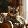 A photo of an adorable cat wearing sunglasses, lounging on the armrests in front of a sunny window.