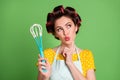 Photo of adorable dreamy young lady model roller hairdo lips finger chin hold whisk think look up empty space what cook