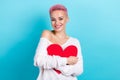 Photo of adorable gorgeous pretty lady wear white trendy pullover hold red paper heart cardiac symbol isolated on blue