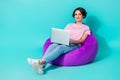 Photo of adorable lady pink outfit jeans sit cozy chair use device enjoy distance remote work empty space isolated on