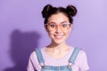 Photo of adorable satisfied lady toothy smile look camera wear glasses isolated on violet color background Royalty Free Stock Photo