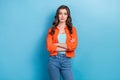 Photo of adorable young gorgeous lady folded arms manager wear stylish jacket experienced employer on blue