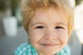 Photo of adorable young happy boy looking at camera. Happy funny child face close up. Super smile from kid. Happiness. Royalty Free Stock Photo