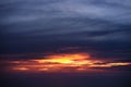 Aerial view from airplane of rain clouds and blue sky in twilight