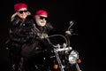 Photo of aged bikers grey haired man lady couple drive vintage moto engine traveling retired meet adventures wear trendy