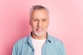 Photo of aged mature man good mood oral care whitening caries protection isolated over pink color background Royalty Free Stock Photo
