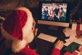 Photo of aged santa claus happy positive smile speak video call computer conversation family christmas time lights magic Royalty Free Stock Photo