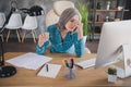 Photo of aged woman unhappy sad upset tired problem failure mistake sit desk break pause work distance indoors Royalty Free Stock Photo