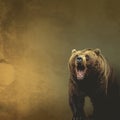 A photo of an aggressive brown bear roaring showing teeth, wild animal