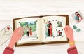 Photo album with family photographs, vector illustration in simple cartoon flat style with empty blank space at the top