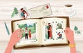 Photo album with family photographs, vector illustration in simple cartoon flat style. Female hands holding open