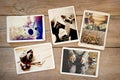 Photo album of hipster lifestyle journey trip in summer on wood table. Royalty Free Stock Photo